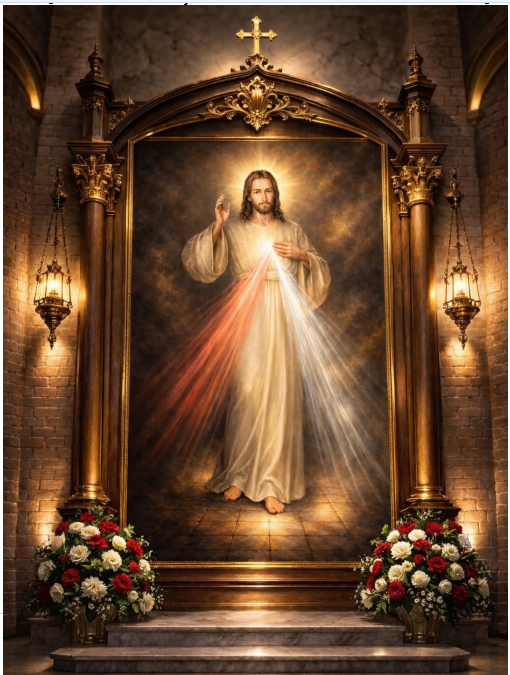 Dreptatea și Milostivirea par să fie reprezentate prin cele două raze de lumină care ies din Inima lui Isus, care evocă luminile unei străzi cu trafic intens pe timp de noapte, cei ce vin și cei ce pleacă, dialogul dintre inima noastră și a Sa.